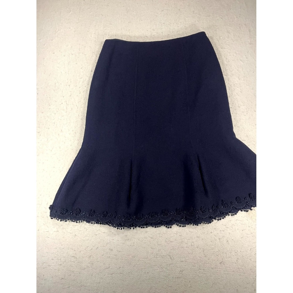 Saks Fifth Avenue Oscar De La Renta Skirt Womens 6 Navy Blue Wool Lace Flare Hem